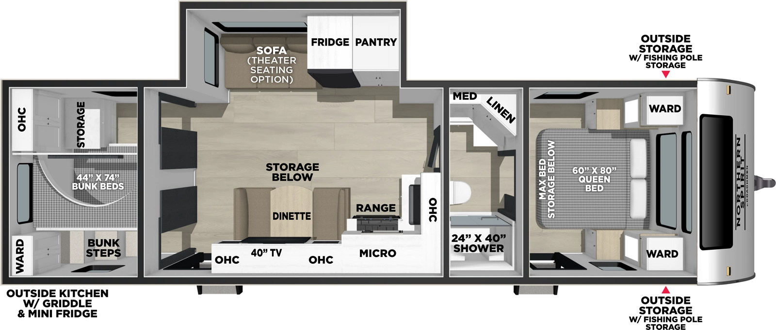 The Northern Spirit 3070BH floorplan has two entries and one slide out. Exterior features include: fiberglass exterior and outside kitchen. Interiors features include: bunk beds, front bedroom and pass through bathroom.